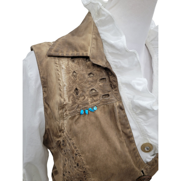Dismero Italian Ruffle Blouse and Distressed Vest With Turquoise Accents SMALL - Picture 13 of 16